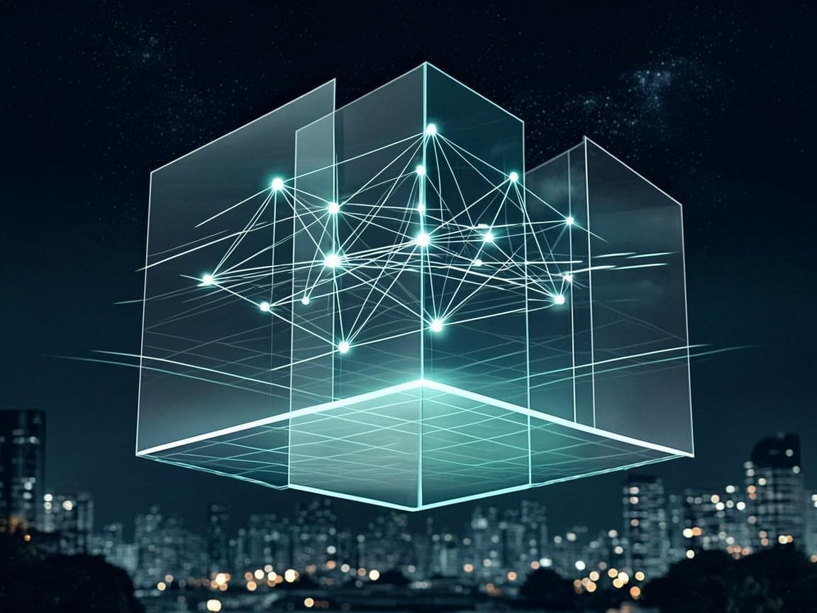 Abstract visualization of an AI assistant platform — layered translucent interface panels over a deep royal green field with warm sand gold accent lines