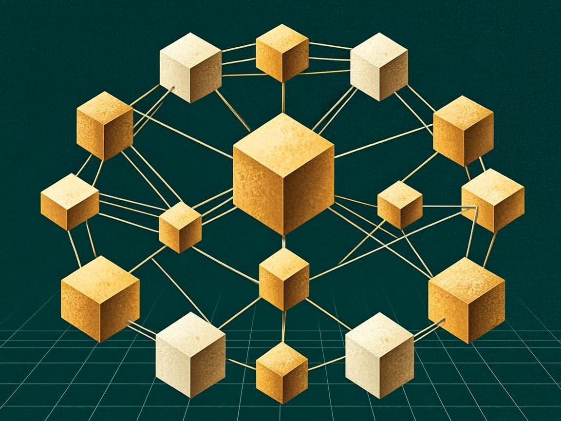 Abstract visualization of interconnected system layers — interlocking geometric structures in sand gold against a deep black-green field