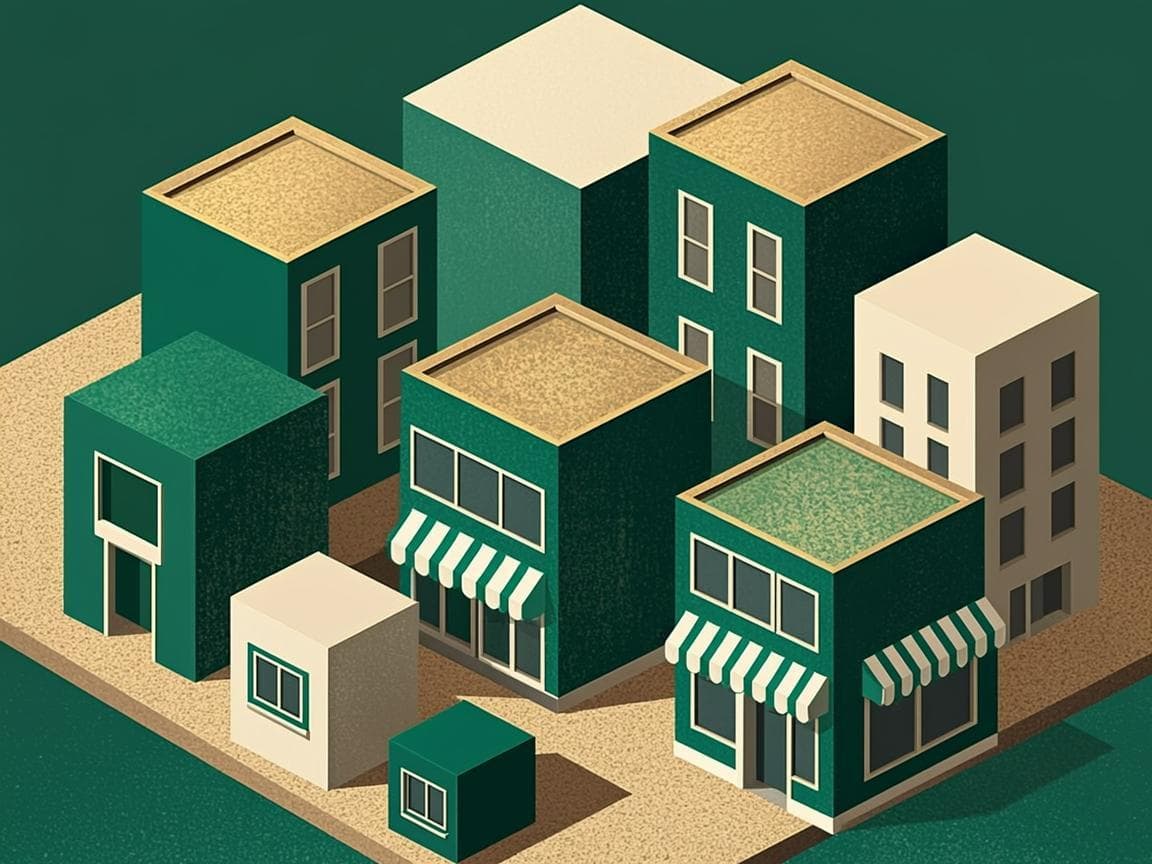 Abstract isometric composition of modular learning blocks arranged in a precise grid, royal green and sand gold on warm black