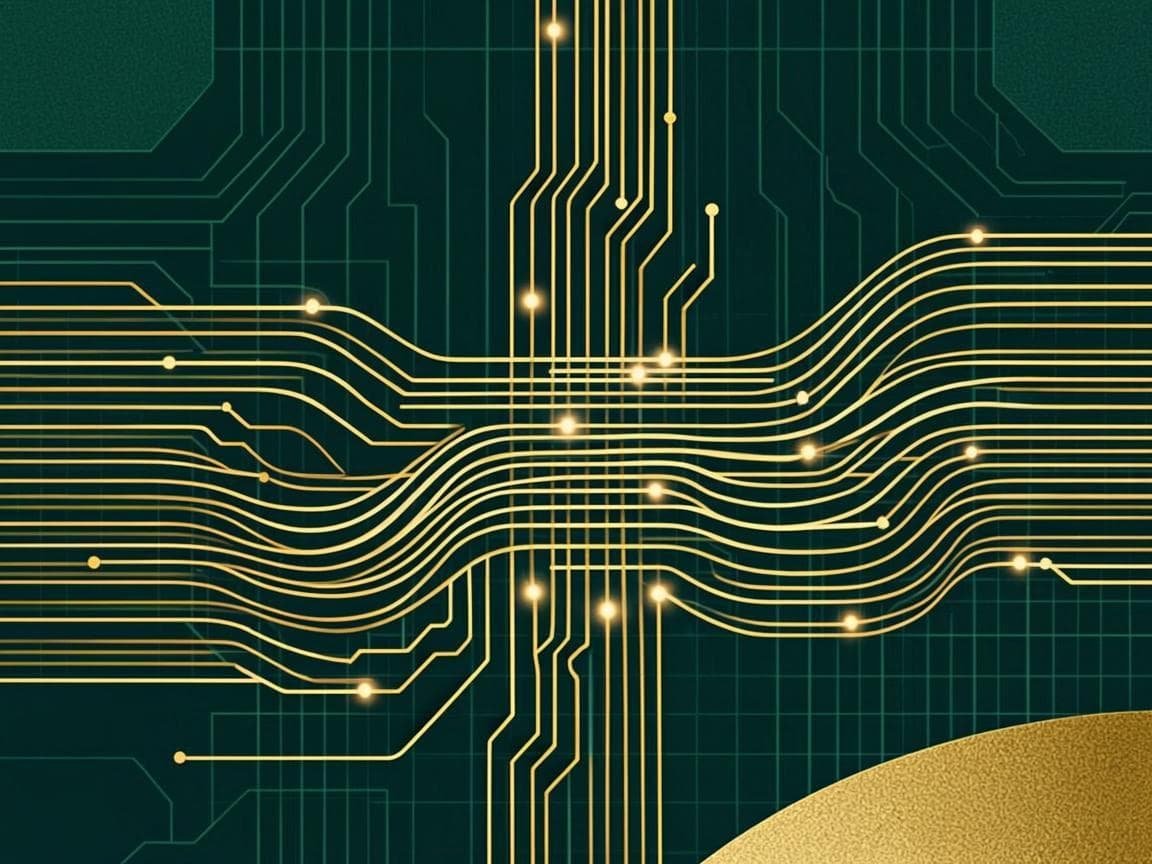 Abstract visualization of coordinated workflows — branching streams of light and circuit-like paths in sand gold flowing through a dark green field