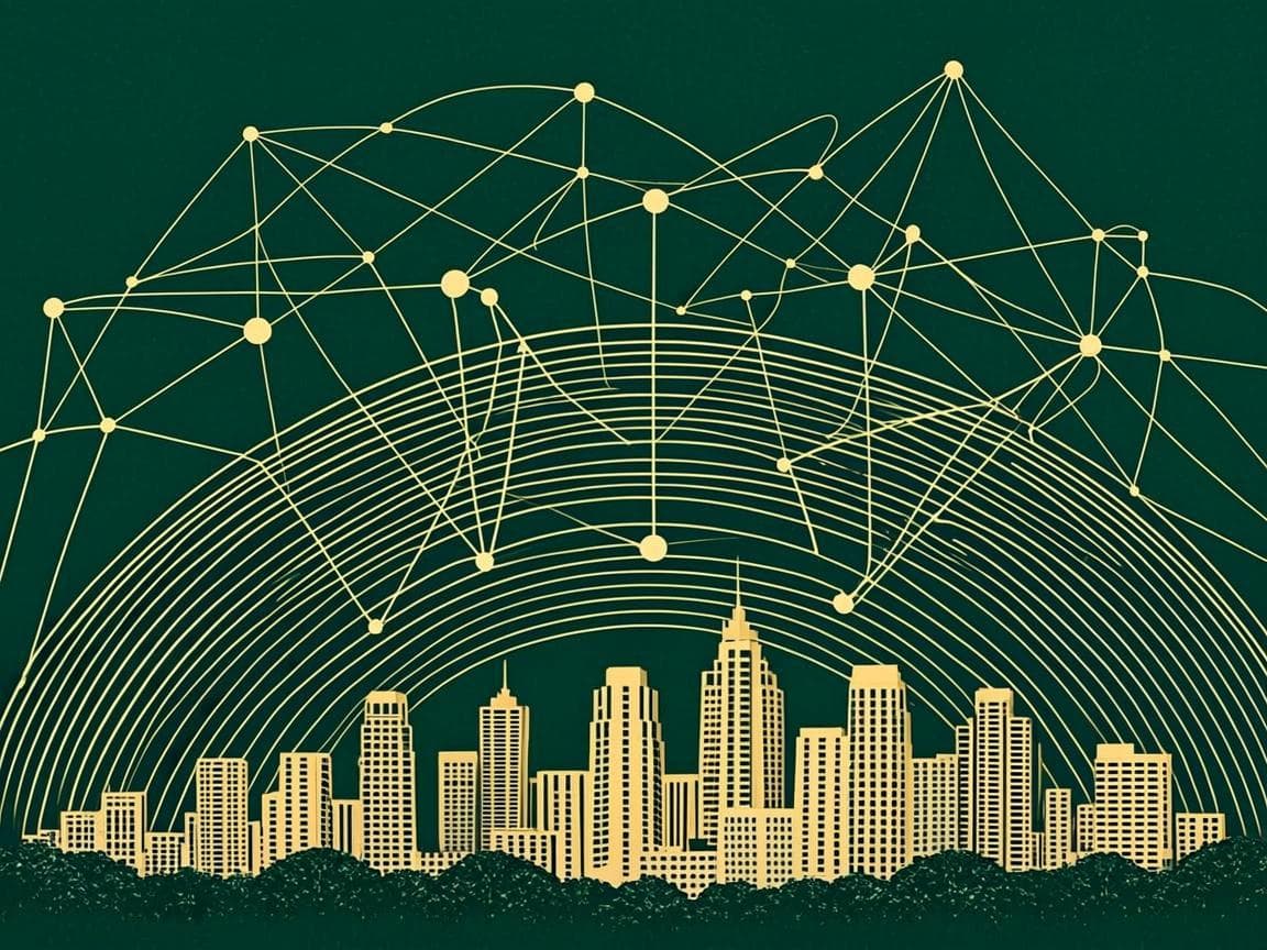 Abstract constellation of orbiting rings and connected nodes representing a digital community, sand gold orbits on deep royal green