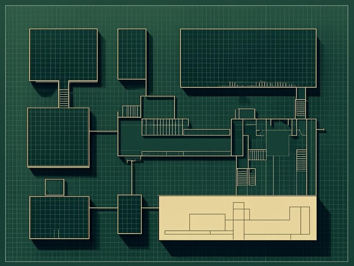 Abstract architectural blueprint of modular operations system blocks, precise line work in sand gold and white on royal green